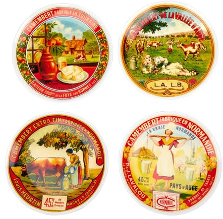 Geneviève Lethu 544001 Lot de 4 Assiettes à Dessert Ø20,5 cm en Porcelaine – Motifs Boîtes à Camembert Vintage – Style Campagne Française – Lave-vaisselle - Coffret Cadeau