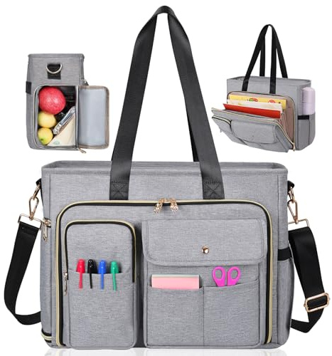 Estarer Laptop Tote Bag Teacher Bag Women for Work fits 15.6inch with Accordion File Organizer & Insulated Pocket Professional Computer Messenger Shoulder Bag for Office/College/Nursing (Grey)
