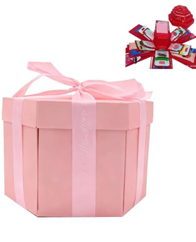 DIY Explosion Gift Box, Multi Layer Hexagon Explosion Box with Ribbon, Creative Folding Gift Boxes Surprise Scrapbooking Boxes for Anniversary, Birthday, Christmas, Valentine's Day (Pink)