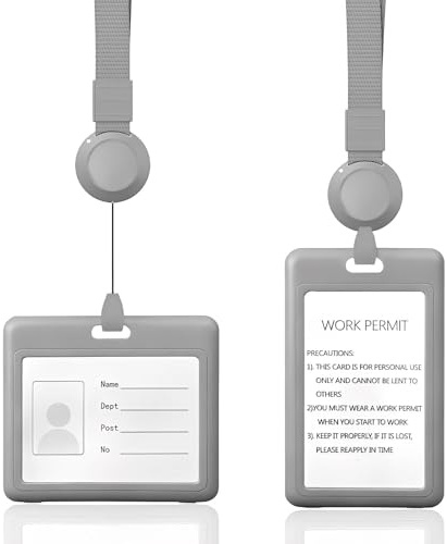 ATTEEFI 2 Piezas Porta Tarjetas Transparente Doble Cara, Portatarjetas Colgante con Correa Retráctil, Funda Tarjeta Transporte, para Tarjeta Trabajo, Identificación, Gris, Horizontales y Verticales