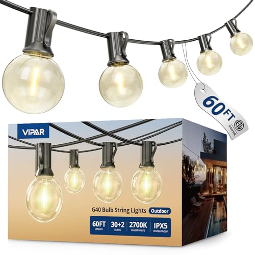 VIPAR Outdoor String Lights, 60FT 32 G40 Bulbs Patio Lights Outdoor Waterproof, Shatterproof Vintage Connectable LED Outside Hanging Light for Backyard, Porch, Garden, Deck, Bistro, 2700K Dimmable