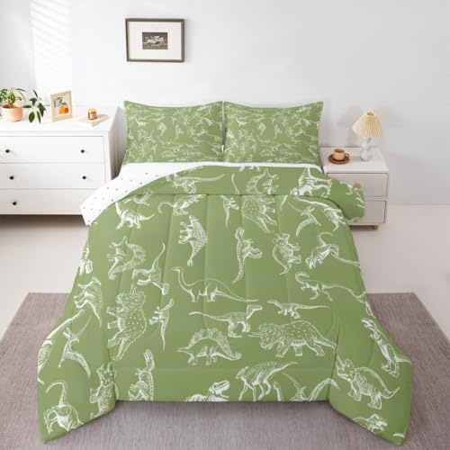 Loussiesd Juego de ropa de cama con estampado digital 3D de dinosaurio, tamaño King, diseño de dinosaurio de la selva para niños y niñas, decoración de animales salvajes, microfibra verde, ultrasuave