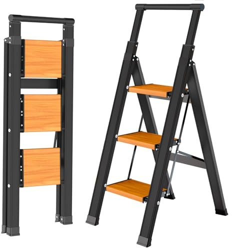 KULACO Scala a gradini pieghevole 3 gradini con corrimano estensibile, scala in alluminio antiscivolo & extra larga, leggera fino a 150 kg, scala domestica compatta per cucina, casa, garage