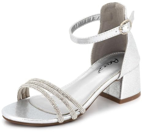 AARZ LONDON Girls Low Heel Sandals Diamante Strap Kids Glitter Party Ankle Strap Open Toe Bridesmaid Wedding Dress Shoes Size