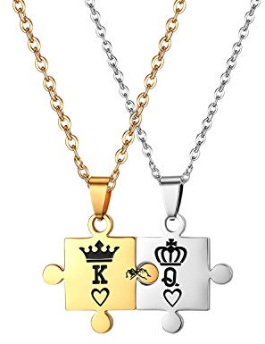 JewelryWe Smycken 2 st par halsband partnerkedjor vänskapskedja partnerhänge rostfritt stål I Love You hjärta pussel hänge kedja med gratis gravyr, Rostfritt stål