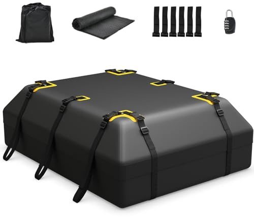 GiantexUK 15/21 Cubic Feet Car Roof Bag, Waterproof Cargo Top Carrier with Non-Slip Mat, Combination Lock, 6 Door Hooks & Straps, Rooftop Luggage Storage Box for Car Suv (Black, 600L)