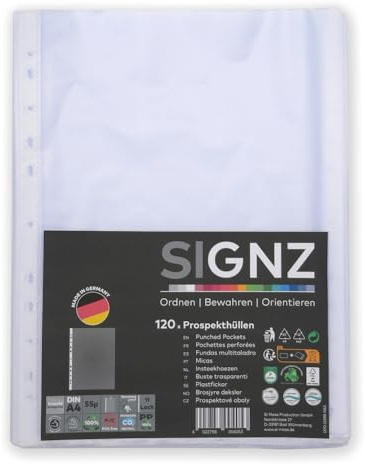 SIGNZ Prospekthüllen (DIN A4, 55 my), 120 Stück, genarbt, CO2-neutral hergestellt, made in Germany