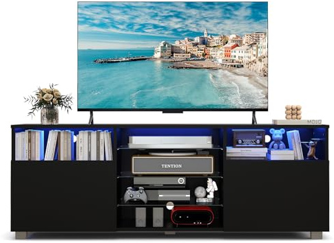 CASART LED TV Stand Cabinet for 65 inch TVs, 146cm Modern TV Unit with Adjustable Glass Shelves, 20 RGB Light Colors, Adjustable Brightness & Speed, Entertainment Center for Living Room (Black)