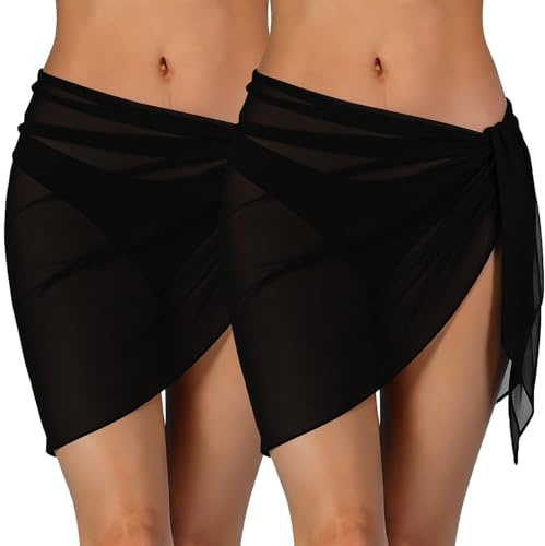 2 Pièces Pareo Femme Plage, Mousseline Wrap de Plage, Sarong Paréo Cache-Maillot Couverture de Bikini Jupes Wrap Beachwear Semi Transparent pour Maillot de Bain(Noir)
