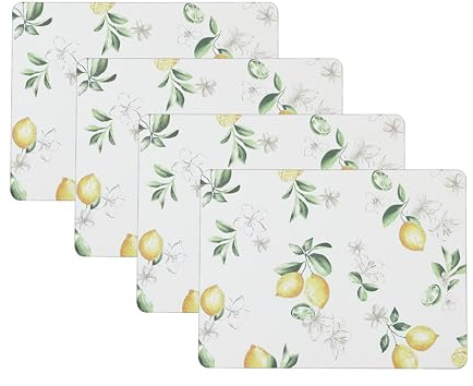 Laura Ashley Cork Placemats 16 x 12-inch for Kitchen and Dining Tables, Heat Resistant, Durable, Easy Clean, Set of 4, Lemon Floral