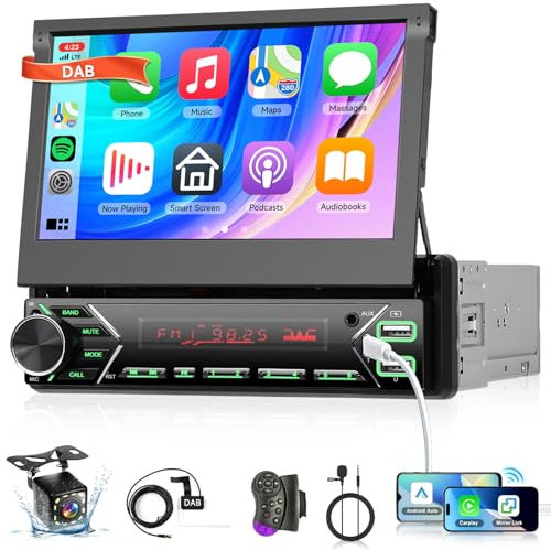 Hodozzy Dab 1 Din Autoradio Écran Rétractable avec Carplay sans Fil Android Auto, 7 Pouces Écran Tactile Poste Radio Voiture avec Filaire Lien Miroir, Bluetooth,USB, EQ, Type-C, FM Radio, SWC,Caméra