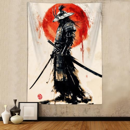 Sanzugh Anime Japanese Samurai Tapestry, Cool Japan Black and Red Sun Art Tapestries Wall Hanging for Men Boys Bedroom Decor 40X60 Poster