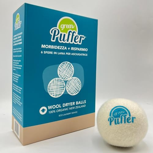 Green Puffer MORBIDEZZA+RISPARMIO Set di 6 Palline per Asciugatrice - 100% Lana Biologica della Nuova Zelanda - Palline per Asciugatrice in Lana per un Bucato Morbido e Tempi di Asciugatura Ridotti