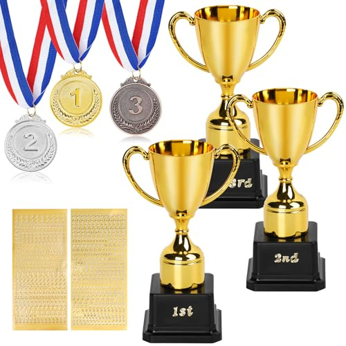 FACULX 6 pcs Trophy and Medal Set,1st 2nd 3rd Zinc Alloy Wheat Ear Medals with Red White Blue Neck Ribbon,7 Inch Gold Plastic Trophies with DIY Alphabet Stickers,for Sports Tournaments,Competitions