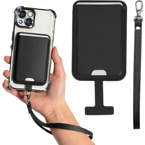 Porte Cartemagsafe, magsafe wallet, Porte-Cartes telephone en PU, Noir, Une corde à main, pour les modèles 15/14/13/12 Pro/Max/Plus/Mini
