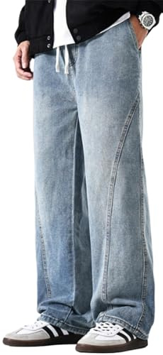 PADOLA Jeans Uomo Gamba Dritta con Vita Elasticizzata e Cordino Pantaloni Denim Lavaggio Usato con Tasche Laterali e Posteriori(M,Blu Chiaro)