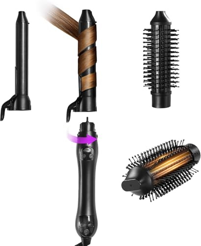 GLAMUP 3 in 1 Rotating Curling Iron, 2 Barrel(1-1.25) Automatic Curling Wand & Thermal Brush Set, Beach Waves, Hair Curler for Medium & Long Hair, MCH Fast Heating, Ceramic Coating, Gift Set