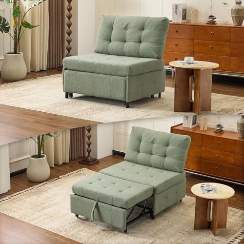 VINGLI Convertible Single Sofa Bed Tufted Teddy Fleece Sleeper Chair Bed Armless Living Room Chair Chaise Lounge with Adjustable Backrest Pull Out Couch Bed for Small Spaces (Light Green)