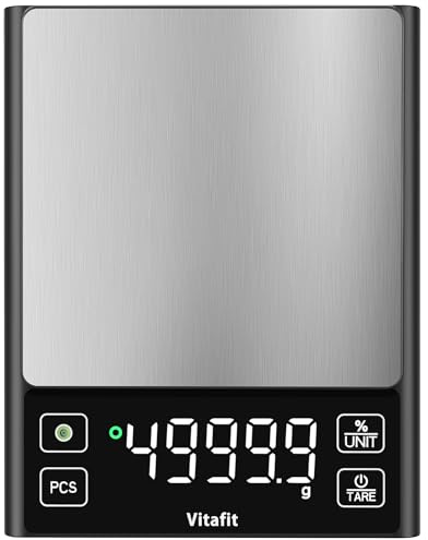 Vitafit 5kg Bilancia Cucina Digitale, Precisione 0.1g dalla Nostra Bilancia Fabbrica Professionale Dal 2001, Bilancia Alimentare Funzione Percentuale per cucinare & caffè, Acciaio Inox, LED, Nero
