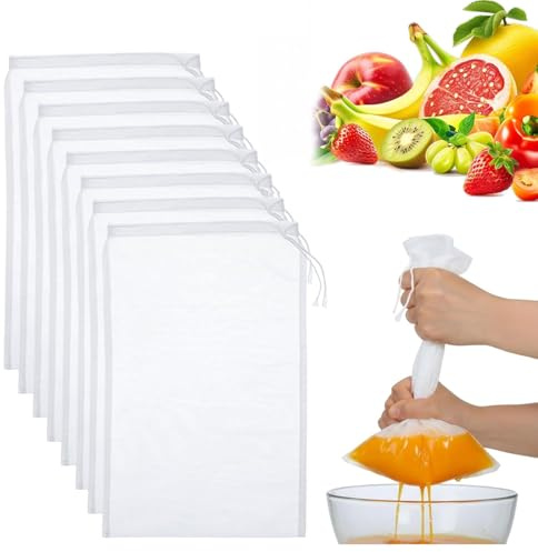 8 Stück Nussmilchbeutel Wiederverwendbar 20×30cm, Feingewebtes Nylon Passiertuch mit Kordelzug, Waschbarer Filterbeutel für Mandelmilch Käse Kaffee Joghurt Fruchtsaft Herstellung