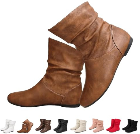 Kvinnors Läder Slouchy Flat Ankel Boots Casual Rund Toe Platt Klack Boots | Platta stövlar Kvinnor Fall Slouch Boots Casual Platta ankelstövlar för kvinnor