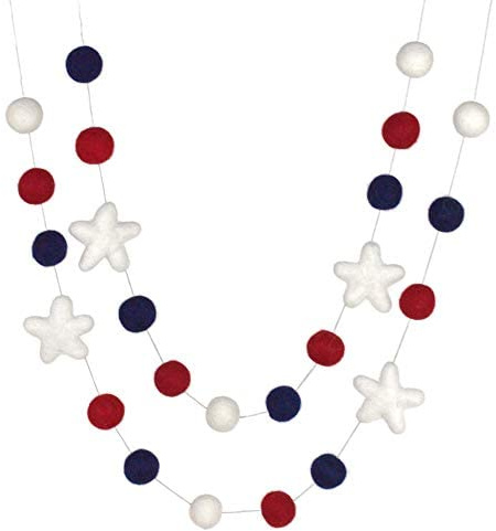 Handmade by Matthew and Mae- Fourth of July Garland- 1 Felt Balls, 2 Stars- Memorial Day Decor, American Flag USA Mantle Banner, Party Decoration (Red/Navy Blue/White Stars)