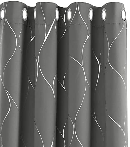 Deconovo Light grey Eyelet Curtains 66 x 54 Inch, Thermal Insulated Blackout Curtains, Silver Wave Line Foil Printed Curtains for Bedroom, 66 x 54 Inch(Width x Length), 2 panels
