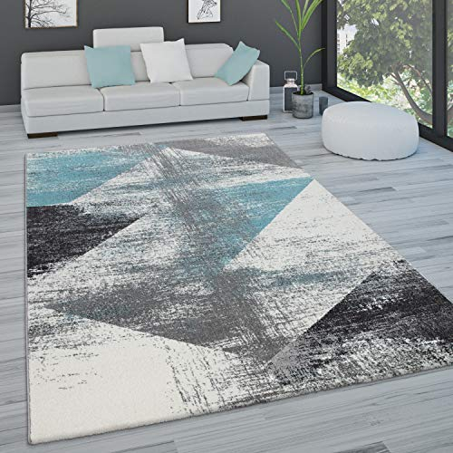 Paco Home Teppich Wohnzimmer Schlafzimmer Kurzflor Vintage Optik Modern Pastell Rautenmuster Abstrakt, Grösse:160x230 cm, Farbe:Türkis