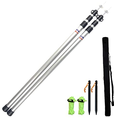 Telescopic Tarp Poles Set of Two, Adjustable Awning Poles for Tent Fly, Camping, Shelter, Awning, RV Car & Motorcycle Camping, Garden, Strong Aluminum 230CM with Zipper Bag