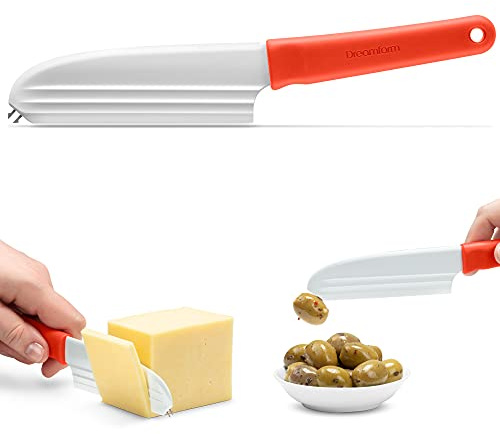 Dreamfarm Knibble Non-Stick Cheese Knife with Built-in Fork - Red | Slices hard and soft cheeses, spreads condiments, with barbed fork for serving and sharing charcuterie, 9