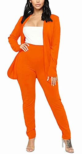 ARO Lora Women's 2 Piece Outfit Casual Solid Open Front Blazer and Pencil Pant Suits Set, A Bright Orange, Large