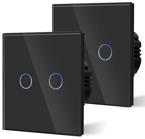 BSEED Touch Light Switch,Standard Touch Sensitive bathroom Switchs,Tempered Glass Panel with LED Backlight, No Neutral Wire Needed,2 Gang 1 Way-2 PACK,Black 86mm