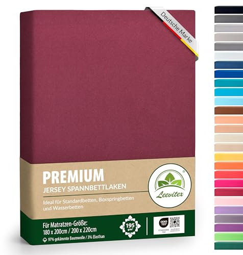 Premium Spannbettlaken, extra schwer und dick, 97% Mako-Jersey-Baumwolle und 3% Elasthan, auch Boxspringbett geeignet, 180 x 200-200 x 220 cm, Bordeaux/Weinrot