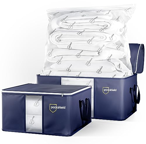 Kit de rangement compact PackShield - 2 Housses et 2 Sacs Sous Vide - Compression avec aspirateur - Grande capacité XXL - Protégez et Transportez Facilement Duvets Couettes Oreillers Vêtements Habits
