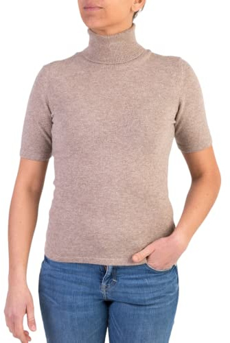 Marenza Collo Alto Donna Manica Corta Misto Cashmere Seta Made in Italy Maglione Pullover Maglia Mezza Manica Lana Merino Cachemire Maglioncino Beige Grigio Regalo Abbigliamento (Beige, S)