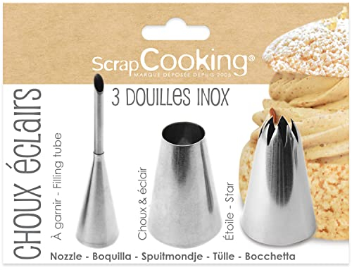 ScrapCooking - 3er-Set Spritztüllen für Eclairs, Krapfen & Puffs - Professionelle Qualität Edelstahl - Sterntülle, Berliner Tülle - Fülltülle Krapfenfüller Spritzbeutel - Kuchen - 1831