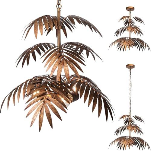 JCPYIUL Vintage Tropical Palmera Lamparas de Techo,Lámpara de Hoja Rústica única Sala Para Sala de Estar,Dormitorios,Candelabros,Accesorios de Araña-Tres Plantas
