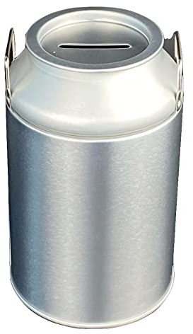 MediMuc Spardose - Milchkanne blank groß - Runde Plug-Lid Dose mit Sparschlitz aus elektrolytischem Weißblech - Ø 8,6 x 14,0cm