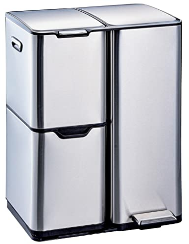 KITCHEN MOVE Poubelle de cuisine à pédale tri sélectif recyclage 60L(13+17+30L) HAJA en acier Inox avec seau