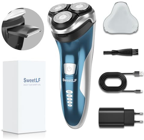 SweetLF (2024 Nouveau) Rasoir électrique Homme,Tondeuse à barbe avec têtes rotatives 4D, Rasoir rechargeable humide et sec avec écran LED, Rasage étanche IPX7 Bleu marine