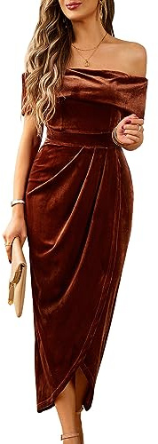 Wellwits Women's Foldover Off Shoulder Velvet Long Formal Pencil Dress Brown XL