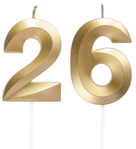 Geburtstagskerzen Zahlen 26/62, Gold Geburtstag Kerzen, Zahlenförmige Kerze, 3D Tortendeko, kuchen Dekoration für Geburtstag Party, Hochzeiten, Firmenfeiern, Jubiläen, Birthday Candle Nummer 26/62
