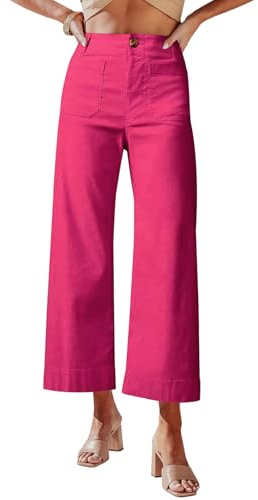 miduo Womens Casual Capris Pants Button High Waisted Cropped Straight Leg Pants Trousers with Pockets Hot Pink 30