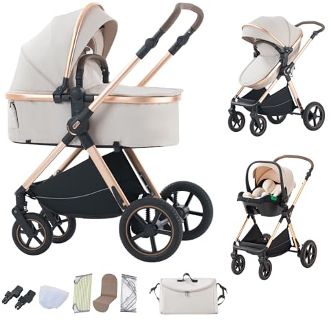BEBBY Kinderwagen 3 in 1,Kinderwagen Buggy Mit Babyschale,Mit Höhenverstellbarer buggy Komplettset Faltbare tragbare,Buggys Mit Aluminiumrahmen für Neugeborene 0 bis 3 Jahre (D2-RICEWHITE-6, H2-D)