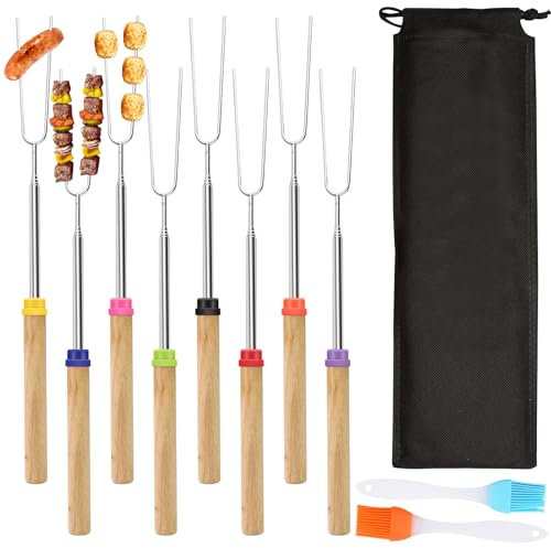 Lot de 8 brochettes en acier inoxydable - Évolutives - 31 à 81 cm - Avec poignée en hêtre - Brochettes à guimauve avec pinceau à huile en silicone - Pour l'extérieur, le camping, les pique-niques, les