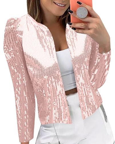 Glitterblazer, dam, guldkostymer och kavaj, paljetter, kavaj för kvinnor, stora storlekar, traditionell kavaj, kavaj, kavaj, kavaj, kavaj, utan huva, kort blazer, affärsklädsel, set, ROSA, M