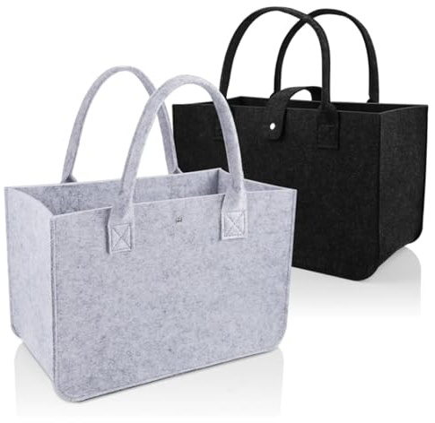 Borse in Feltro Shopper, 2 Pezzi Borsa per la Spesa in Feltro, (46.5x27.5x27.5cm, Nero/ Grigio)Borsa Pieghevole in Feltros , con Manico, per Shopper, Portariviste da Terra, Giornale, Giocattoli