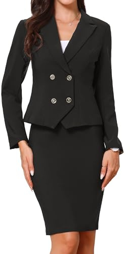 Allegra K Ensemble de Costume 2 Pièces Femme Blazer Revers Crantés à Manches Longues avec Jupe Moulante Tailleurs de Bureau Formelle Noir L