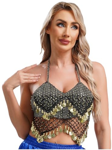 ranrann Haut Danse Orientale Femme Paillette Brillant à Frange Crop Top Danse du Ventre Belly Dance Dancewear B Or Noir Taille Unique