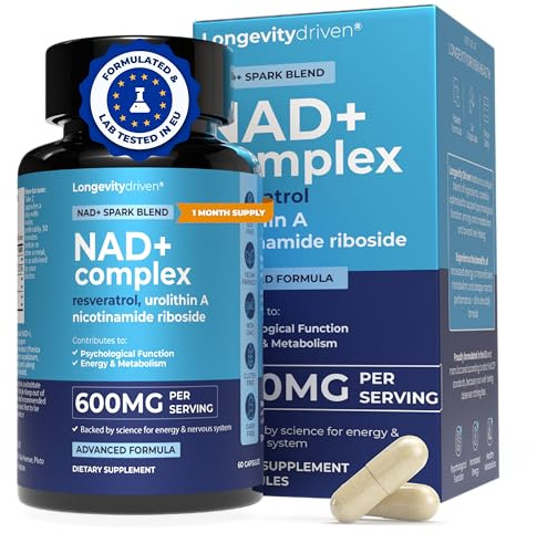 Longevity Driven - NAD+ 600 mg, Anti-âge, Réduit la Fatigue et Améliore le Métabolisme, Resvératrol, Urolithine A, Niacine, 60 Capsules, 1 Mois D'approvisionnement